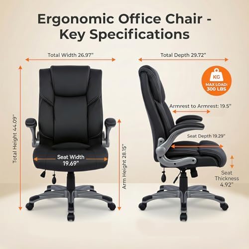 COLAMY Ergonomic Executive Office Chair, High Back Desk Chair with Adjustable Lumbar Support, Flip-Up Armrests & Thick Seat Cushion, 90°–110° Reclining Computer Chair for Home Office