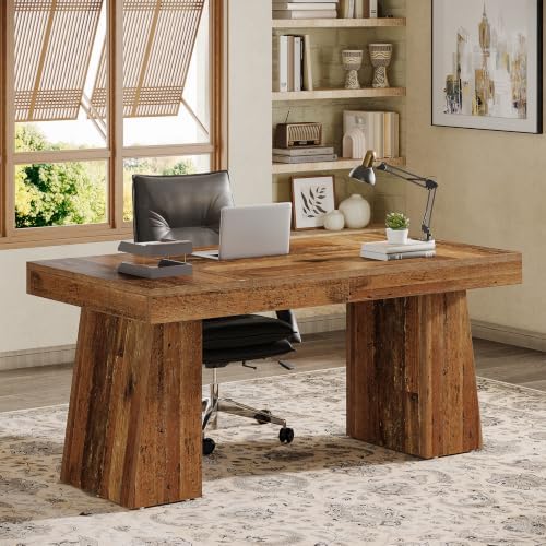 Tribesigns 55" Executive Desk, Wooden Office Desk with Double Pedestal, Modern Simple Computer Writing Table for Home Office, Mix Brown