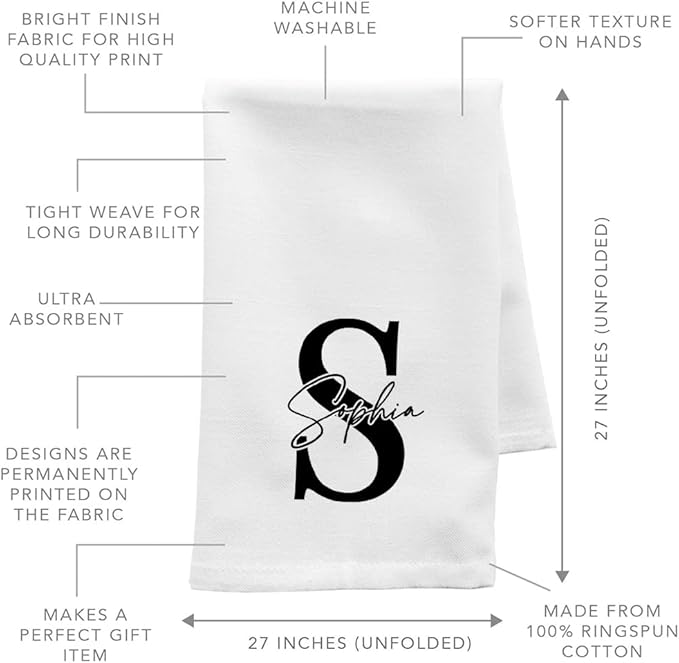 Andaz Press Personalized Kitchen Towel, Flour Sack Tea Towel, Monogram Initial Name Custom Kitchen Gifts Birthday for Mom Daughter, Grandma Wedding Housewarming Gift for Couples