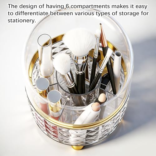 GOTOBA 360° Rotating Pencil Holder for Desk, Makeup Brush Holder with 6 Slots, Desk Organizer for Writing Utensil, Office and School Supplies (Clear with cover)