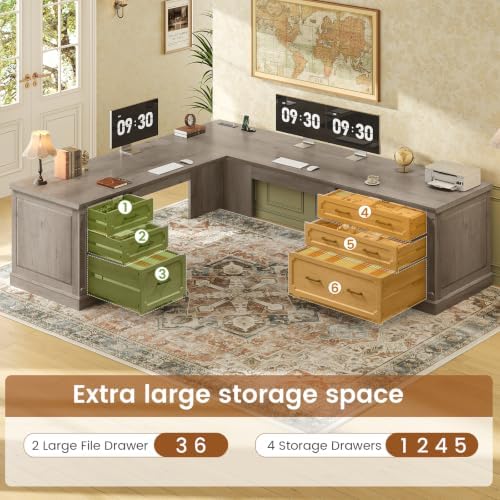 SEDETA Farmhouse 78.8" L Shaped Desk with 6 Drawers, Home Office Desk with Power Outlet, File Cabinet Storage, Wood Corner Computer Desk for Work and Study, Gray