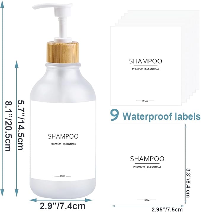 Frosted Plastic Shampoo and Conditioner Bottles, Apothecary Dispenser Bamboo Pump, Refillable Bottles for Shower Lotion, Oil, Hand Soap, Sanitizer, Liquid Soap, Set of 3 with 9 Labels (3, Matte Clear)