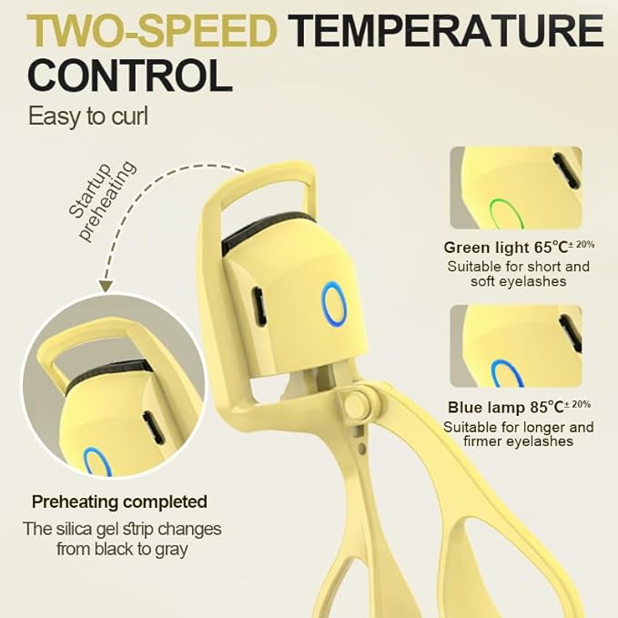 Heated Eyelash Curler, Fast 5s Heat up, 24 Hours Long Lasting, Rechargeable Electric Lash Curler, Temperature Control, Safe Anti-Burn Eye Lash Curler, Quick Natural Curling Lashes (Yellow)