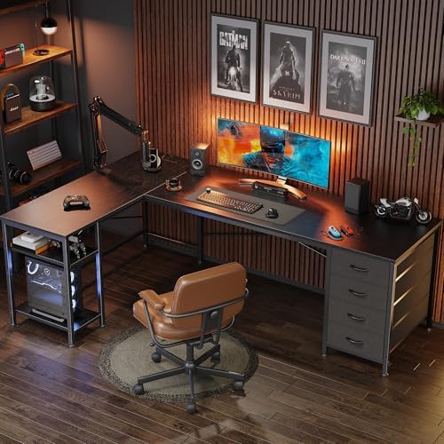 Huuger 63 Inch L Shaped Desk with Fabric Drawers, Reversible Computer Gaming Desk with Power Outlets and USB-C Port, Adjustable Side Storage Shelves, for Work Study Corner Home Office, Black