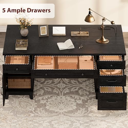 GarveeHome Farmhouse Executive Desk with File Drawers, 60 in Home Office Desk with Charging Station, Wooden Computer Desk with Cabinet Storage for Work Study Writing, Rustic Black