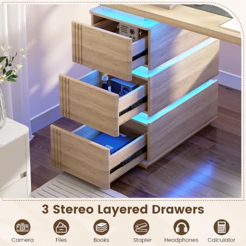 Vlsrka 47.2" Home Office Desk with 3 Drawers, Computer Desk with LED Lights