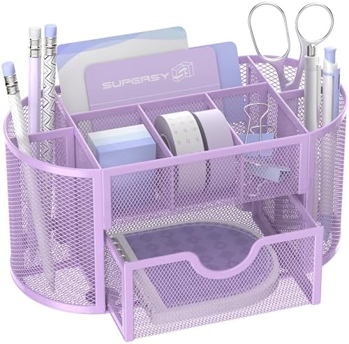Mesh Desk Organizer with Drawer, 9-Compartment Pen Holder for Desk, Purple