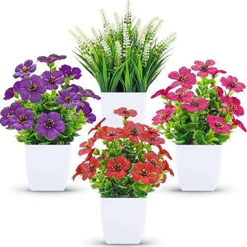 Der Rose 4 Pack Small Artificial Flowers in White Pots, Spring Home Decor