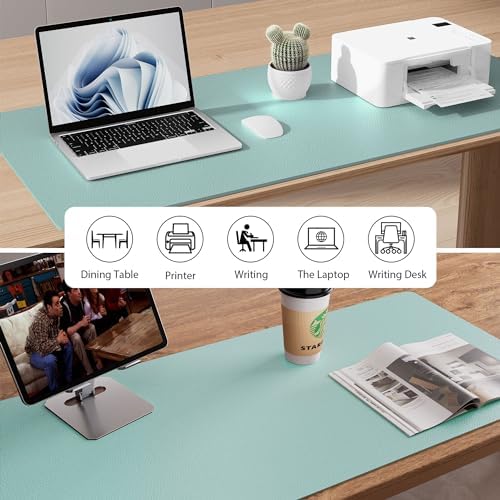 Aothia Faux Leather Desk Mat - Non-Slip PU Leather Desk Blotter, Waterproof Writing Surface, Large Desk Pad for Office & Home (Light Blue, 55" x 17")