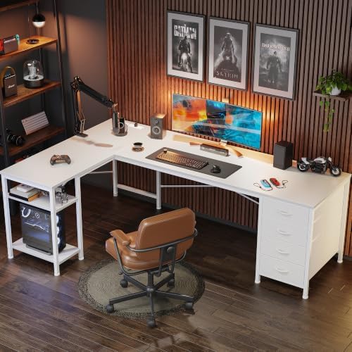 Huuger 63 Inch L Shaped Desk with Fabric Drawers, Reversible Computer Gaming Desk with Power Outlets and USB-C Port, Adjustable Side Storage Shelves, for Work Study Corner Home Office, White