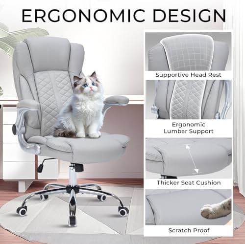 400lbs Executive Office Chair with Flip-Up Armrests, Big and Tall Computer Chair for Heavy People, Heavy Duty Ergonomic Comfy Chair, Breathable PU Leather (Grey)