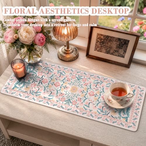 iCasso Aesthetic Desk Mat,31.5x11.8in Mouse Pads, Pink Floral