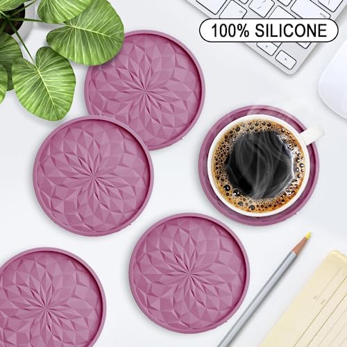 ME.FAN Silicone Coasters with Holder,[6 Pack] Drinking Coasters - Cup Mat for Hot or Cold Drinks, Thickened, Non-Slip, Non-stick,Deep Tray Dusty Rose