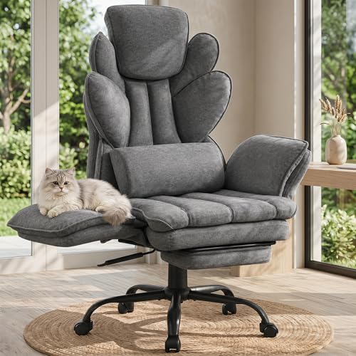 Flip Armrests Criss Cross Office Chair, Reclining Office Chair with Foot Rest, Adjustable Headrest, Massage Waist Pillow, Cross Legged Big and Tall Desk Chair Wide Seat Vanity Chair, Grey Fabric