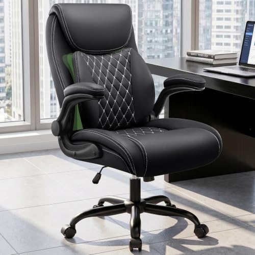 Office Chair, Ergonomic Executive Desk Chair with Lumbar Support for Lower Back Pain Relief, Padded Flip-Up Armrests, Leather Home Office Chair, Black