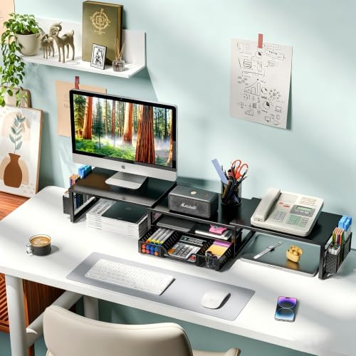 Simple Trending Dual Monitor Stand with Drawer and 2 Pen Holders, Black