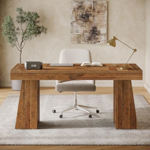 Tribesigns 55" Executive Desk, Wooden Office Desk with Double Pedestal, Modern Simple Computer Writing Table for Home Office, Mix Brown