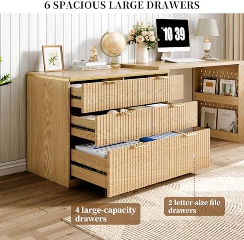 Computer Desk with 6 Drawers, 78" Modern Writing Desk with 0.98" Thickened Desktop & Storage Shelves, Adjustable direction & Extendable Executive Office Desk Study Table for Home Office, Natural Wood