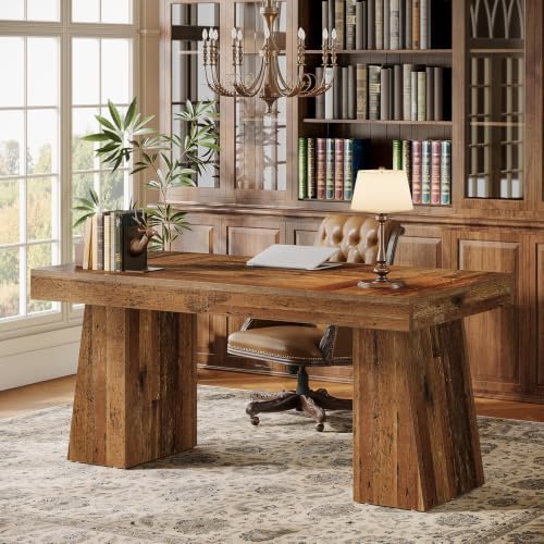 Tribesigns 55" Executive Desk, Wooden Office Desk with Double Pedestal, Modern Simple Computer Writing Table for Home Office, Mix Brown