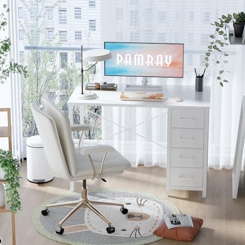 Pamray 32 Inch Computer Desk with 4 Drawers Small Office Desk for Home Bedroom Study Writing Simple Modern Computer Table White