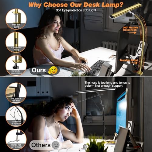 Airlonv LED Desk Lamp with Clamp, 17" Stepless Dimming Light, Gold