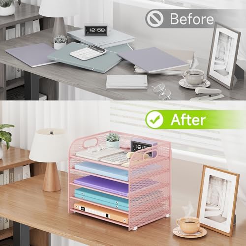 Cawukege 2 Pack 5 Tier Paper Organizer, Letter Tray with Handle, Mesh Desk Organizer, Metal File Organizer, Office Desk Accessories for Home, Office, Classroom, School (Pink, 2)