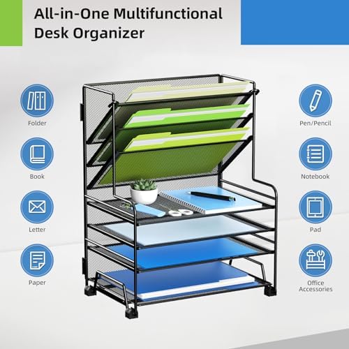 MINDEPOT 4-Tier Paper Organizer + 3-Pocket File Holder + Drawer + Pen Holders, Desktop File Organizers Paper Tray for Office Supplies School Classroom Organization (Black, No Drawer & Pen Holder)