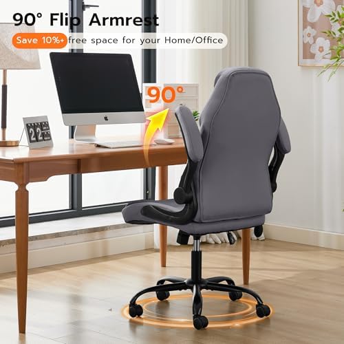 Ylzyxal Office Desk Chair, Ergonomic Computer Chair with Padded Flip-Up Arms and Adjustable Lumbar Support, PU Leather Executive Chair with Tilt Lock and 360° Swivel Rolling Wheels for Work, Study