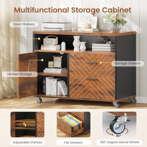 SEDETA 71" Executive Desk with Rolling File Cabinet, Large Office Desk with Drawers, L Shaped Computer Desk with Power Outlets, CPU Stand, Pegboard and Storage Shelves, Rustic Brown