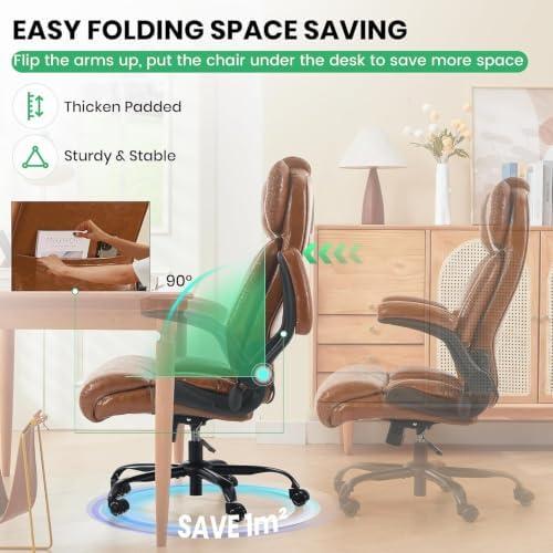 500lbs Big and Tall Office Chair Adjustable Lumbar Support for Back Pain, Extra Wide Seat Executive Office Chair Thick Armrest Pad, Heavy Duty Base&Upgraded Wheels, Ergonomic Desk Chair (Brown)