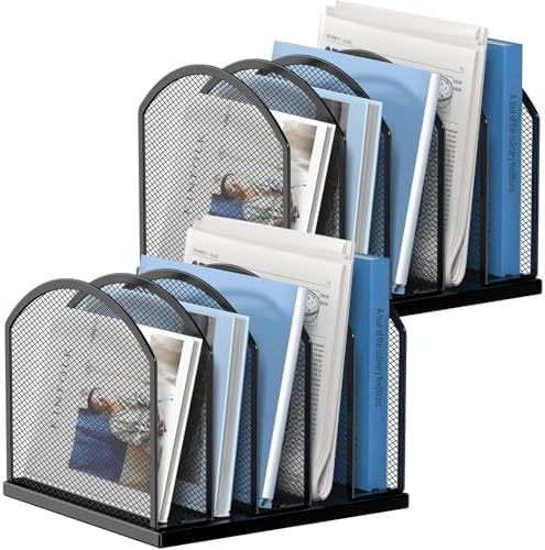 2 Pack Gawerk 5-Section Vertical Desktop Organizer, 5-Section Mesh File Folder Stand Sorter for Office Home Classroom Organization, Black