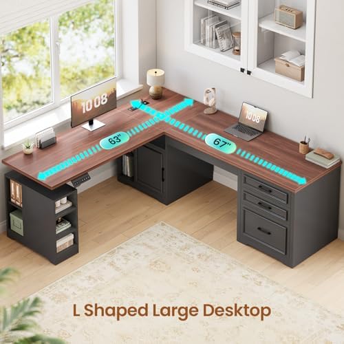 SEDETA Farmhouse L Shaped Electric Standing Desk, 63" x 67" Height Adjustable Office Executive Desk with Drawers and Shelves, Standing Computer Desks with Power Outlet for Home Office, Black+Brown