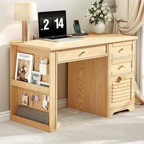 Ieejdn 47" Home Office Desks, Executive Desk, Farmhouse Computer Desk with Drawers and Charging Station, File Drawer, Storage Cabinet, Rustic Computer Writing Desk,Antique Natural