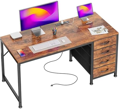 PRAISUN 47.2 Inch Computer Office Desk with Power Outelts and USB-C Port, Reversible Gaming Desk with 4 Fabric Drawers, Work Study Desk Work from Home, Rustic Brown