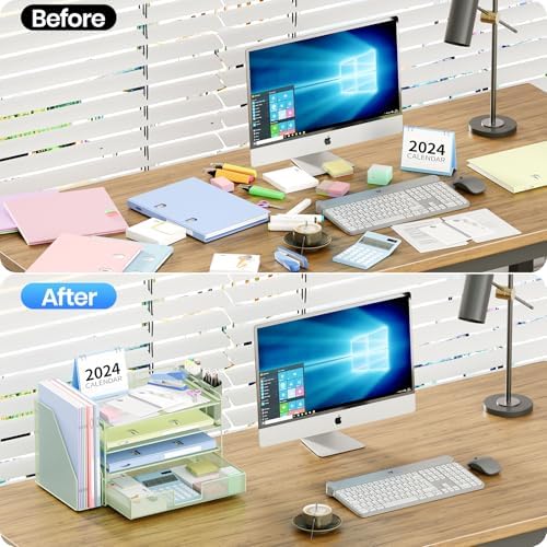 OPNICE Desk Organizer, 4-Tier Desktop File Organizer with Drawer and Pen Holders, Office Desk Accessories, File Sorters, Workspace Organizers for Office Supplies(Green)