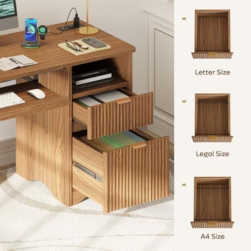 Bestier 55 Inch Computer Desk with Drawers, Power Outlet, Brown Oak