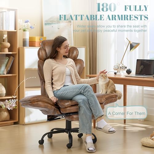 Flip Armrests Criss Cross Office Chair, Reclining Office Chair with Foot Rest, Adjustable Headrest, Massage Waist Pillow, Cross Legged Big and Tall Desk Chair Wide Seat Vanity Chair, Brown PU Leather