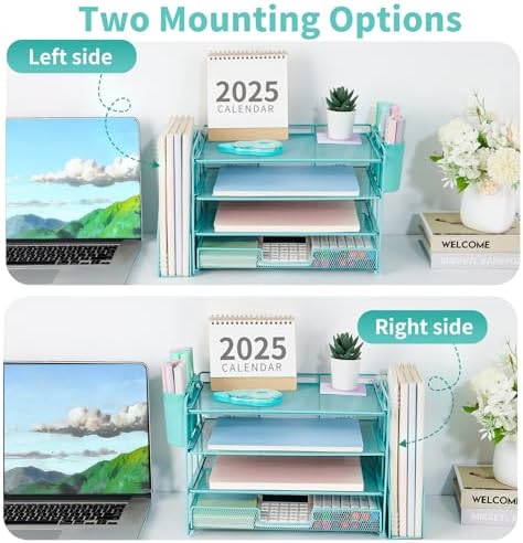 OPNICE Desk Organizer, 4-Tier Desktop File Organizer with Drawer and Pen Holders, Office Desk Accessories, File Sorters, Workspace Organizers for Office Supplies(Teal Blue)
