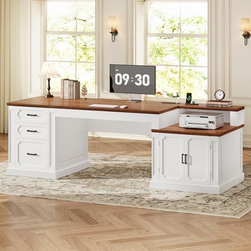 SEDETA Farmhouse 70.9" Executive Desk, Home Office Desk with File Drawers and Storage Cabinet, Computer Desk with Power Outlet for Home Office, Work Study Writing, White+Brown