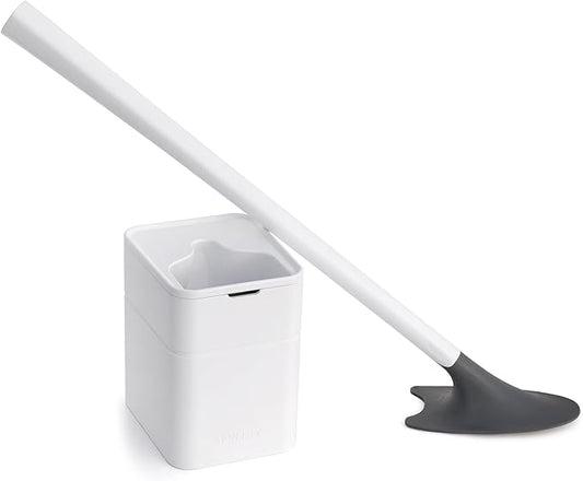 Broombi Sani-Flex Toilet Brush Squeegee and drip-Less Holder Set with a Patented Silicone Bristle-Free Head - no Mess, no clinging gunk or Poo, Super Clean Solution (White)