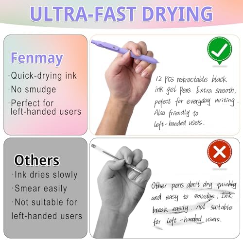 Fenmay Gel Pens, 12 Pcs Black Ink Pens 0.7mm Medium Point| Quick Dry No Smudge, Smooth Writing, Retractable Cute Aesthetic Pens for Journaling Note Taking School Office Supplies