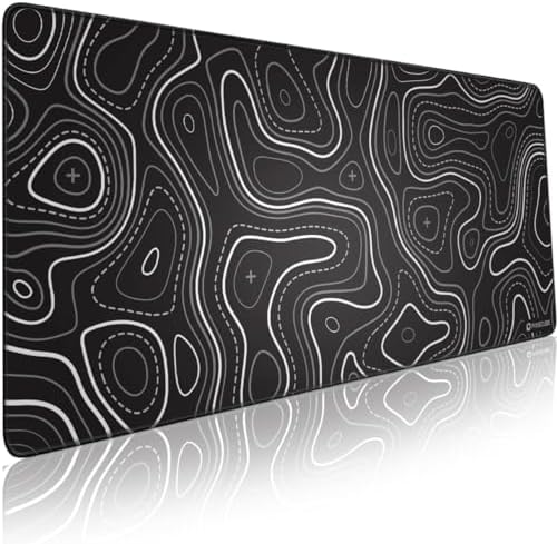 Pixiecube Minimalist Topographic Map Mouse Pad - Contour Extended Large Stitch Edge Mousepad. Black & White Non-Slip XXL Gaming Desk Mat