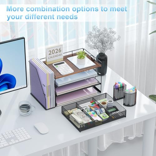 gianotter Desk Organizers and Accessories with File Holder, 4-Tier Desk Accessories & Workspace Organizers with Drawer and 2 Pen Holder, Paper Organizer for Office Supplies (Wood)
