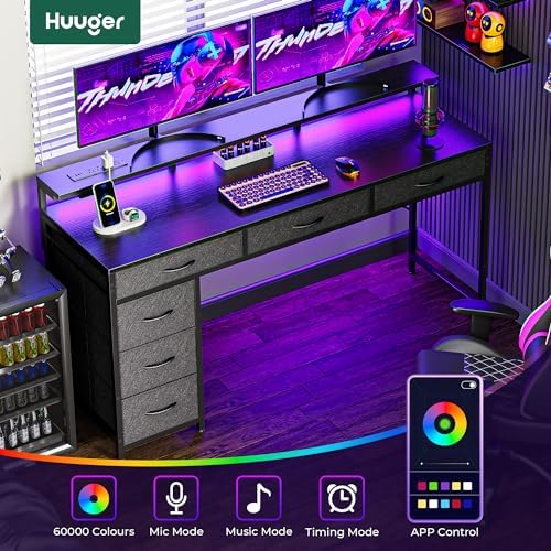 Huuger Gaming Desk with 6 Drawers, Computer Desk with LED Lights Power Outlets and Type-C, 55 Inch Office Desk with Storage, Monitor Stand, Writing Desk Work Desk Home Office, Bedroom, Black, 1CD102B