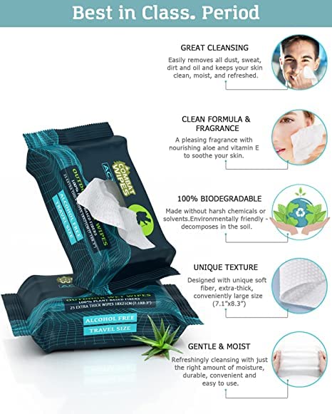 Combat Wipes ACTIVE Outdoor Wet Wipes - Extra Thick Camping Gear, Biodegradable, Body & Hand Cleansing/Refreshing Cloths for Backpacking & Gym w/Natural Aloe & Vitamin E (20 Packs, 500 Wipes)