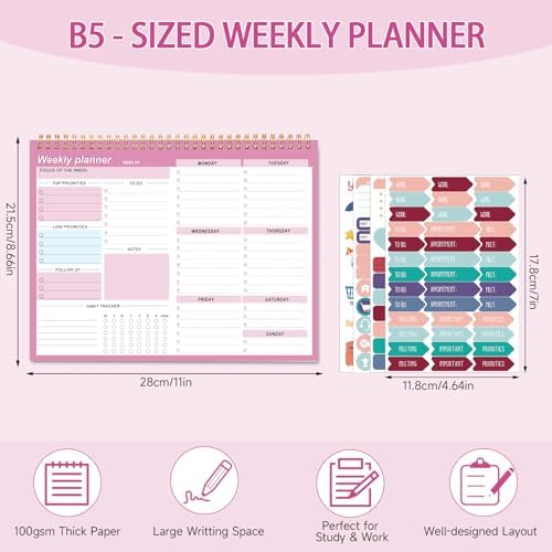 Thboxes Weekly Desk Planner, 52 Sheets, 8.5x11 In To Do List Notepad, Pink