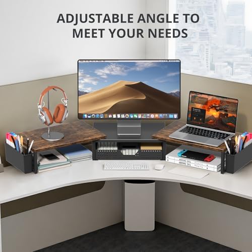 OPNICE Desk Organizers and Accessories, Dual Monitor Stand Riser with Drawer and 2 Pen Holders, Desk Shelf Computer Racks for Office Workspace Organizers, Desktop Organization (Rustic Brown)
