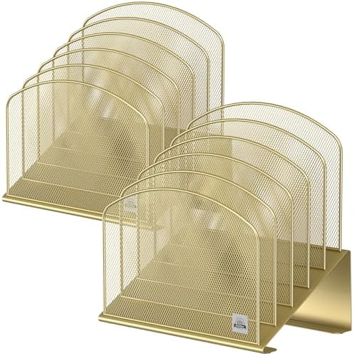 Delifox Inclined Desk File Organizer,Vertical File Folder Holder Stand Metal Rack File Sorter for Office Classroom Desktop Organization (2, Gold, 5)