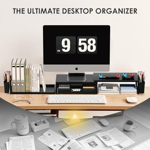 OPNICE Desk Organizers and Accessories, Dual Monitor Stand Riser with Drawer and 2 Pen Holders, Desk Shelf Computer Racks for Office Workspace Organizers, Desktop Organization (Black)