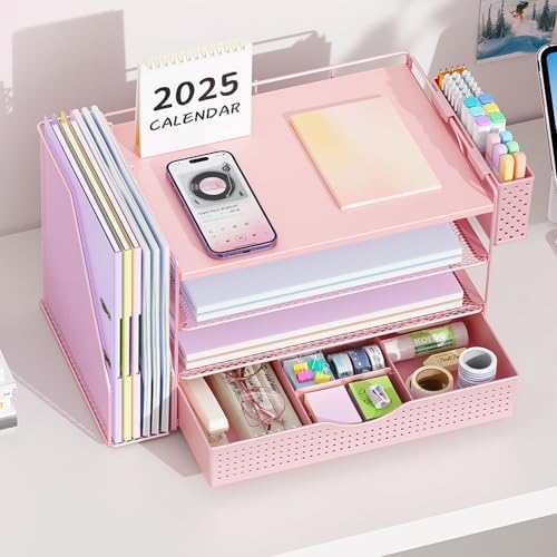 Wood Desk Organizers and Accessories with File Holder, 4-Tier Desk Accessories & Workspace Organizers with Drawer and Pen Holder, Desk Reference Organizer (Pink, 4T with Drawer)